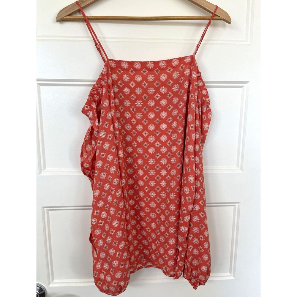 PLEIONE Red White Geometric Square Neck Cold Shoulder Blouse Top Women's L